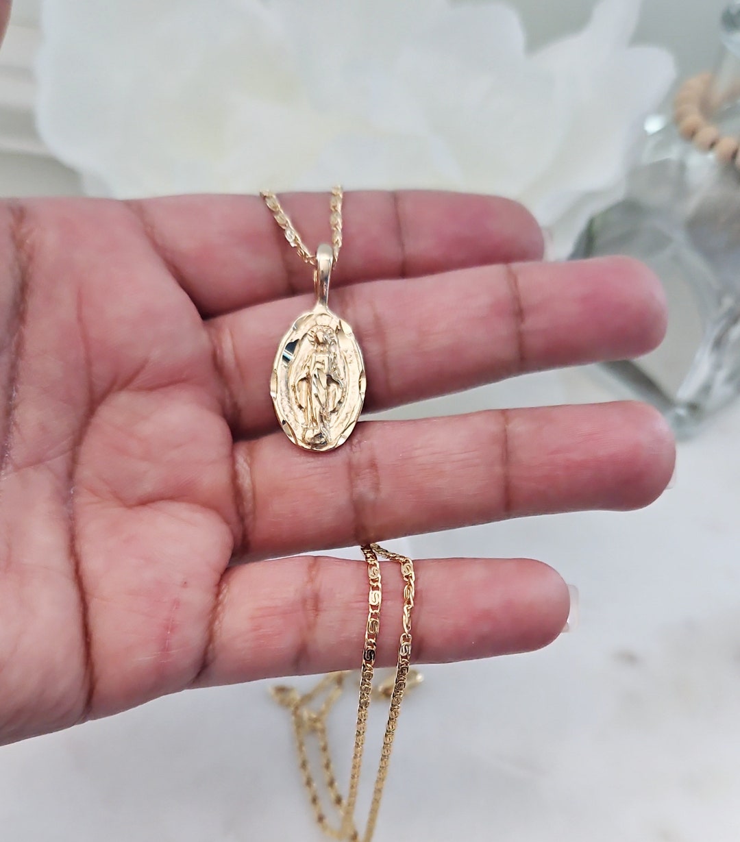 Gold Virgin Mary Necklace Oval Virgin Mary Necklace 14k Etsy