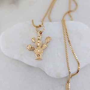 Gold Cactus Necklace, Tiny Cactus Necklace, 14k Heavy Plated Gold, 1mm Box Chain, 15mm Cactus Pendant, Lifetime Replacement Guarantee