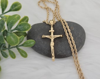 Gold Crucifix Necklace for Men, 14k Heavy Plated Gold, Men's Crucifix Necklace, 3mm Rope Chain, High Quality, Lifetime Replacement Guarantee