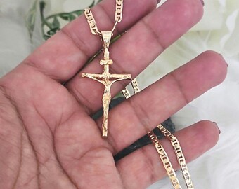 Collana Catena Cubana Con Ciondolo Croce Ges&ugrave;, Zirconi Ghiacciati, Placcato Oro 14kt &ndash; Big Dawgs Bling