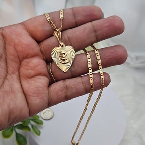 14k Heavy Gold Plated Jesus Necklace: Heart Pendant, Mariner Chain