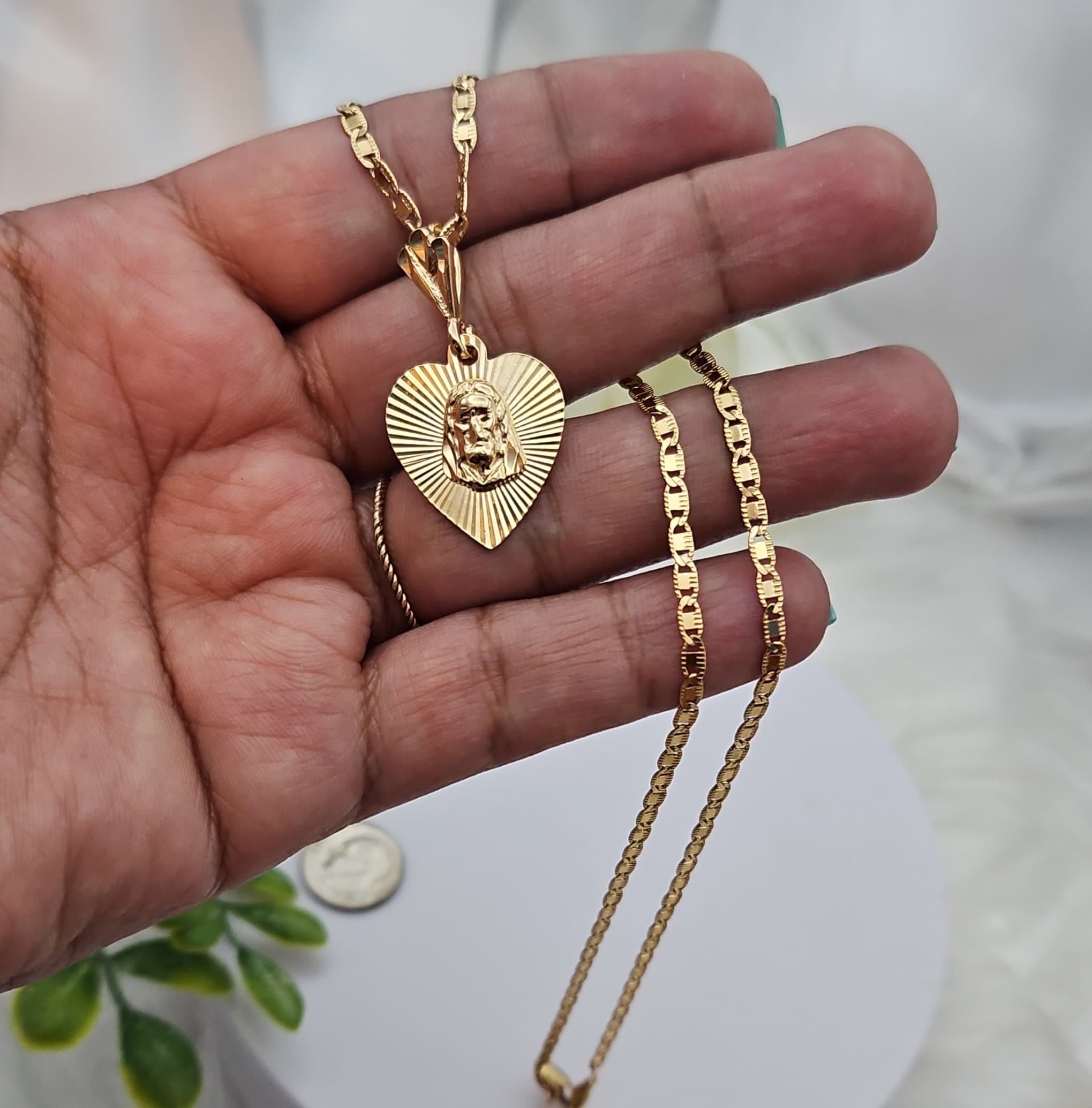 14k Heavy Gold Plated Jesus Necklace: Heart Pendant, Mariner Chain