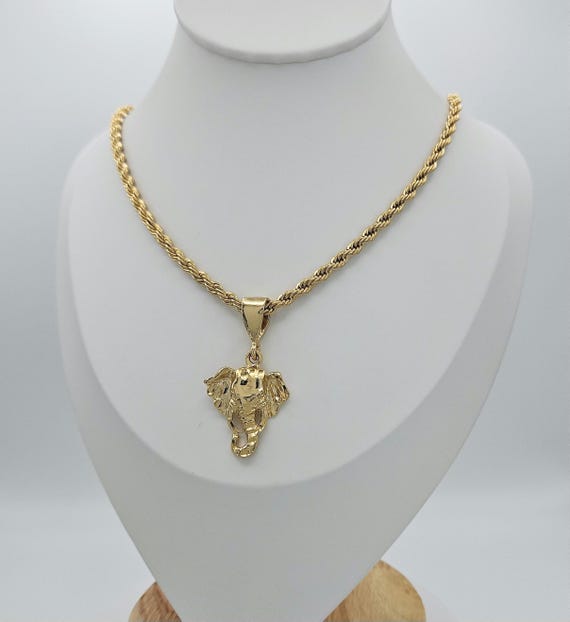 14k Gold Plated Elephant Necklace: 4mm Rope Chain