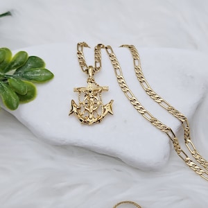 Gold Anchor Necklace, Anchor Jesus Pendant With 4mm Figaro Chain, 14k Heavy Plated Gold, Medium Sized Necklace, Crucifix Necklace