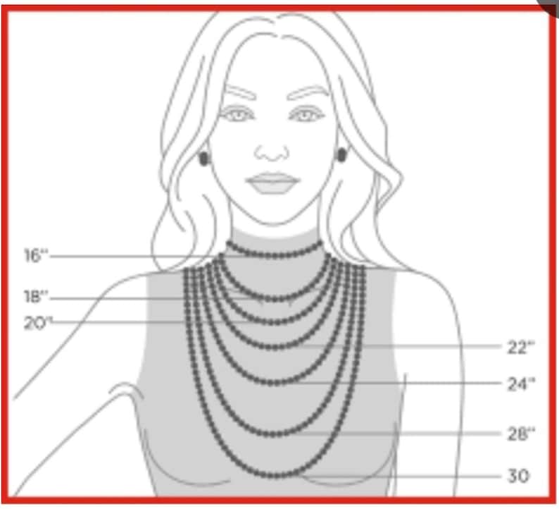Puede incluir: Diagrama que muestra diferentes longitudes de collar en el cuello de una mujer, que van desde 16 pulgadas hasta 30 pulgadas.
