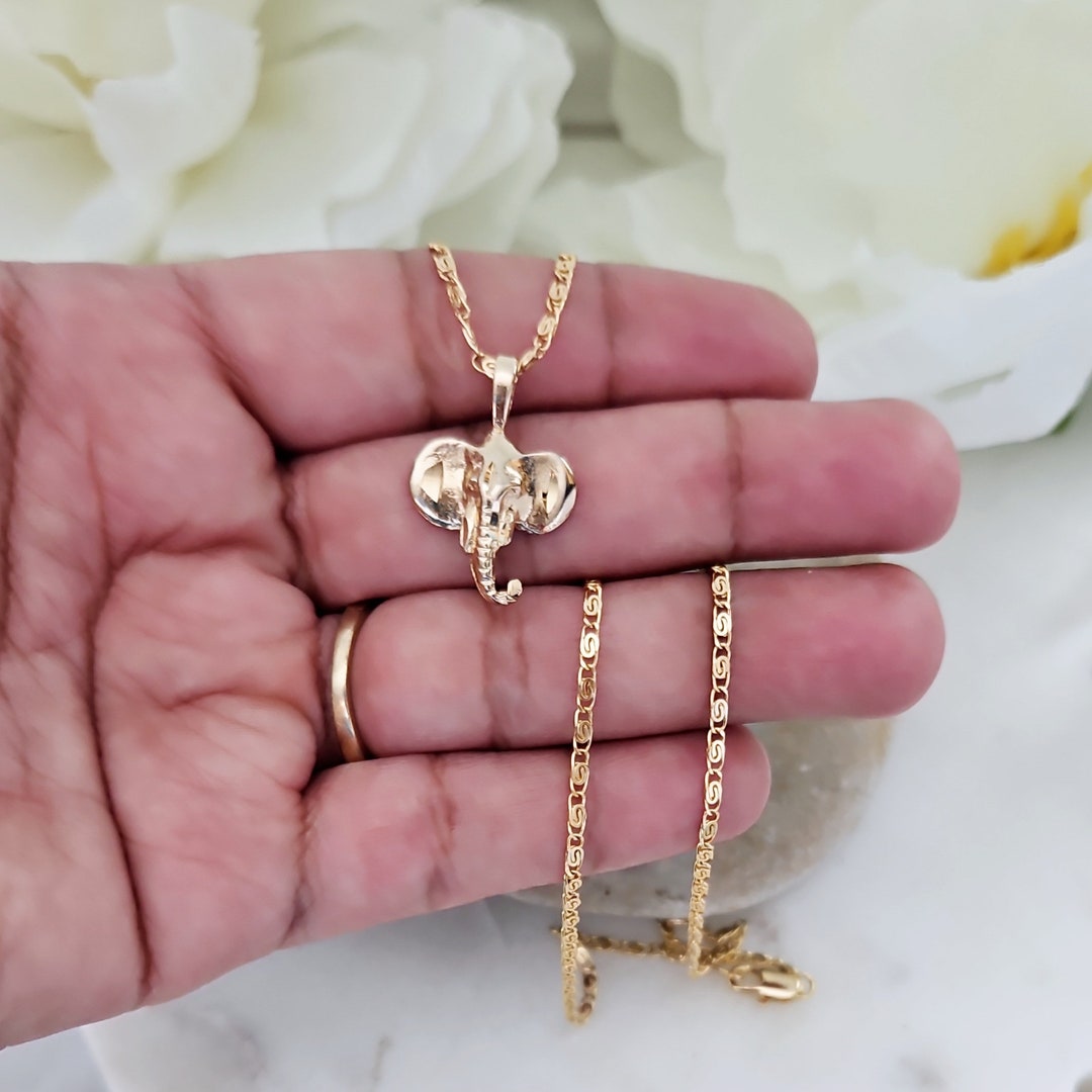 Gold Elephant Necklace, Small Elephant Pendant, 2mm Scroll Chain ...