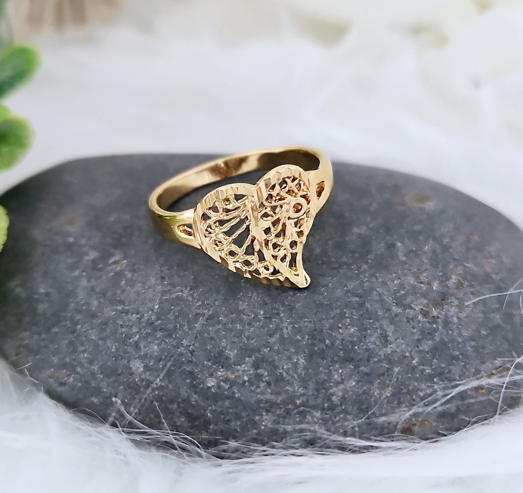 Gold Filigree Heart Ring: 14k Heavy Plated, 2mm Band