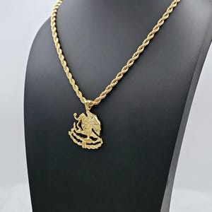 Large Mexican Shield Eagle Necklace, 14k Heavy Plated Gold, High Quality, Lifetime Replacement Guarantee, 4mm Diamond Cut French Rope Chain