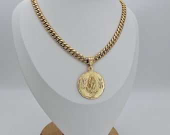 Collar con colgante de manos en oración en oro - Cadena de eslabones de 7 mm, baño de oro macizo de 14 k, garantía de reemplazo de por vida
