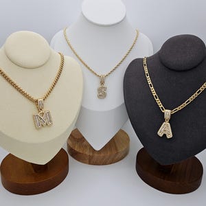 Gold Initial Necklace: Unisex CZ Pendant, Rope, Figaro, Curb Chain