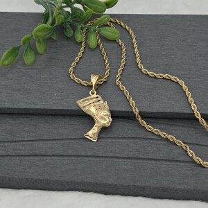 Gold Nefertiti Pendant Necklace: 14k Heavy Plated, 3mm French Rope Chain, Lifetime Replacement Guarantee image 7