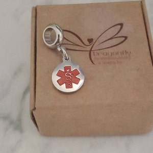 Medical Alert Bead Charm, diskret medicinskt ID, passar Pandora-armband, graverbar och missfärgningsfri