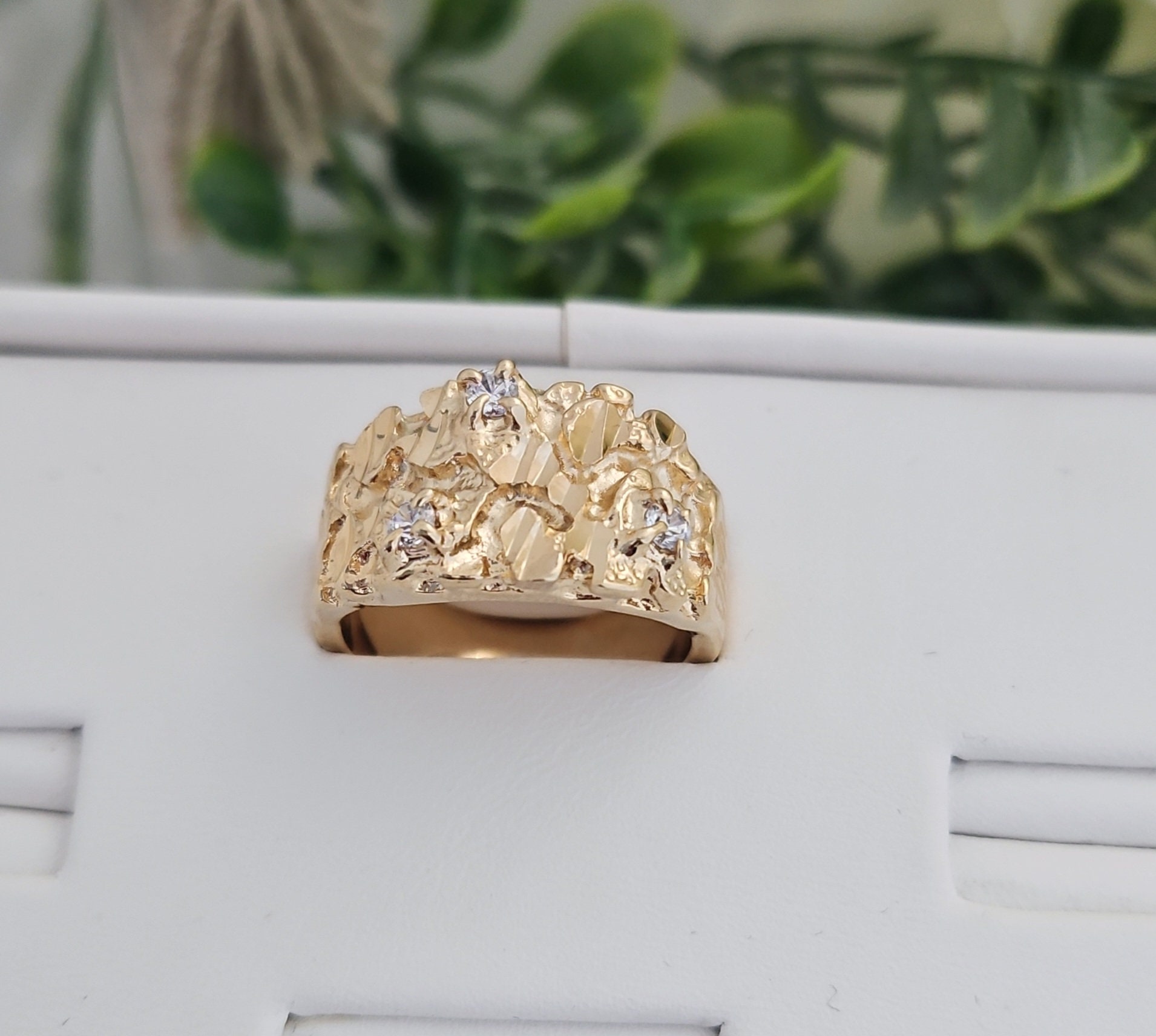 Gold Nugget Ring, Men&#39;s Nugget Diamond Ring, 14k Heavy Plated Gold, Cubic Zirconia Nugget Ring, High Quality, Lifetime Replacement Guarantee