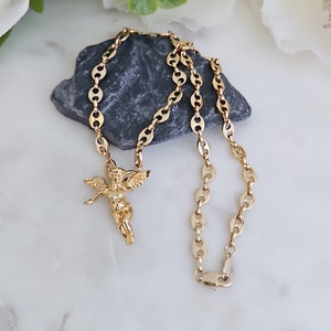 Gold Angel Necklace: 14k Heavy Plated Puffy Anchor Chain