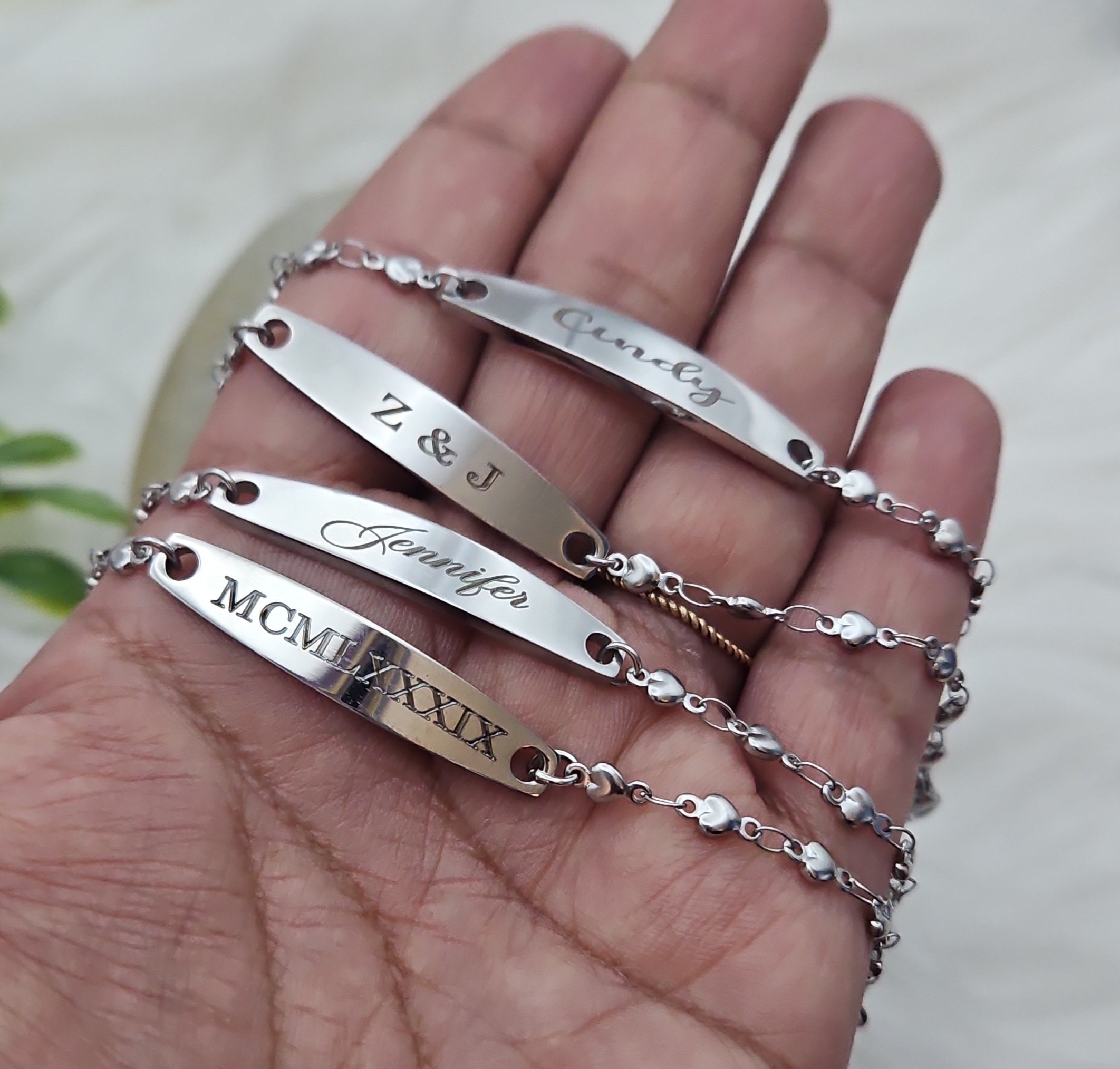 Engravable Silver ID Bracelet: Stainless Steel Tiny Hearts Chain