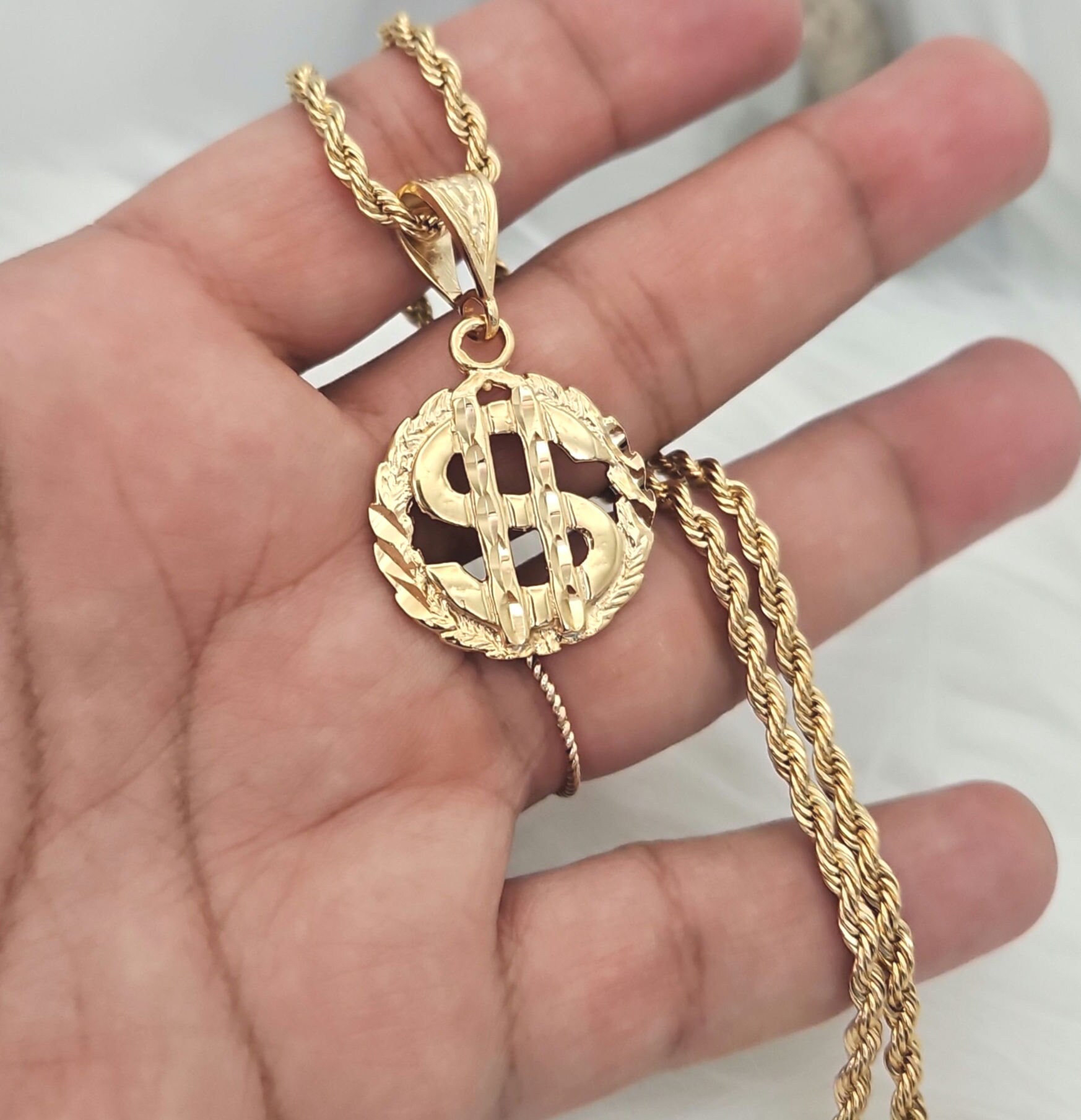 3.5 mmフレンチロープチェーン付きゴールドドルサインネックレス、14 