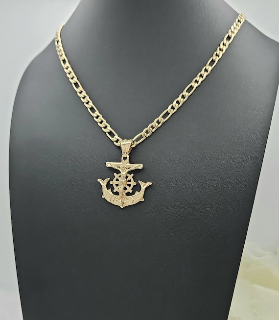 Gold Anchor Crucifix Necklace: 14k Heavy Plated, 5mm Figaro, Hope