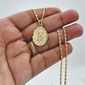 Gold St Michael Necklace, Angel of Protection from Evil, Oval Saint Michael Pendant, 2mm Scroll Chain, 14k Heavy Plated Gold, Gorgeous