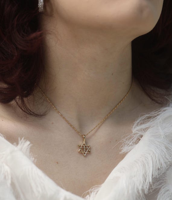 Gold Star of David Necklace: 14k Plated Pendant, 1mm Box Chain