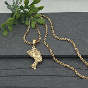 Gold Nefertiti Pendant Necklace: 14k Heavy Plated, 3mm French Rope Chain, Lifetime Replacement Guarantee image 18