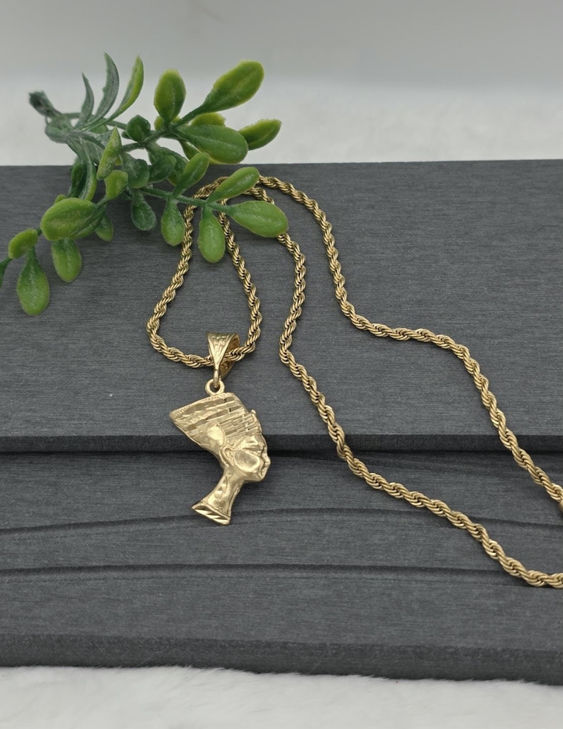 Gold Nefertiti Pendant Necklace: 14k Heavy Plated, 3mm French Rope Chain, Lifetime Replacement Guarantee image 18
