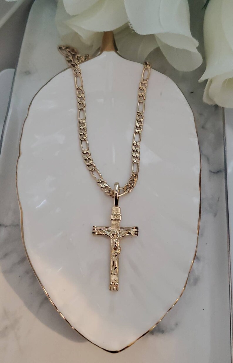 14k Gold Crucifix Necklace for Men 4mm Figaro Chain 14k Etsy