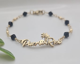 Gold Beaded Puerto Rico Bracelet, 14k Heavy Gold Plated, Black Beaded Bracelet, High Quality, Women, Teens, Girls, Small Minimalist Bracelet