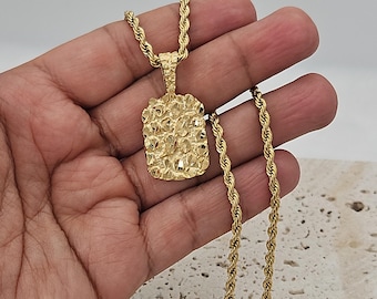 Gold Nugget Dog Tag Necklace: 14k Heavy Plated, 3mm Rope Chain, Lifetime Replacement Guarantee