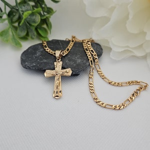 Gold Crucifix Necklace for Men, 4mm Figaro Chain, Diamond Cut Cross, High Quality Necklace, 14K Heavy Plated Gold, Medium Gorgeous Chain