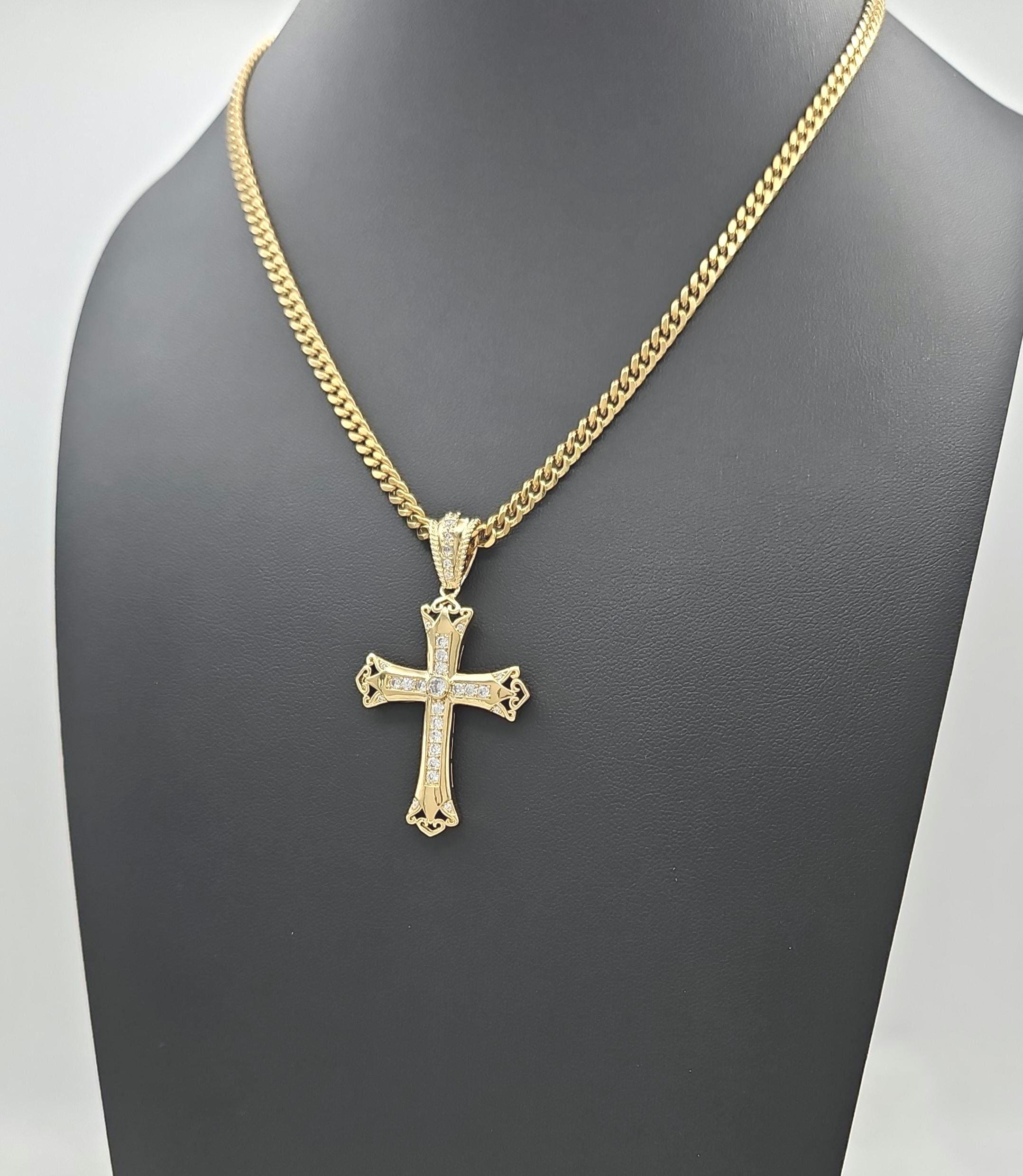 EL CHAIN HEM CROSS ペンダント ネックレス Gold CZ Cross Necklace for Men: 14k Plated, 4mm Cuban Chain
