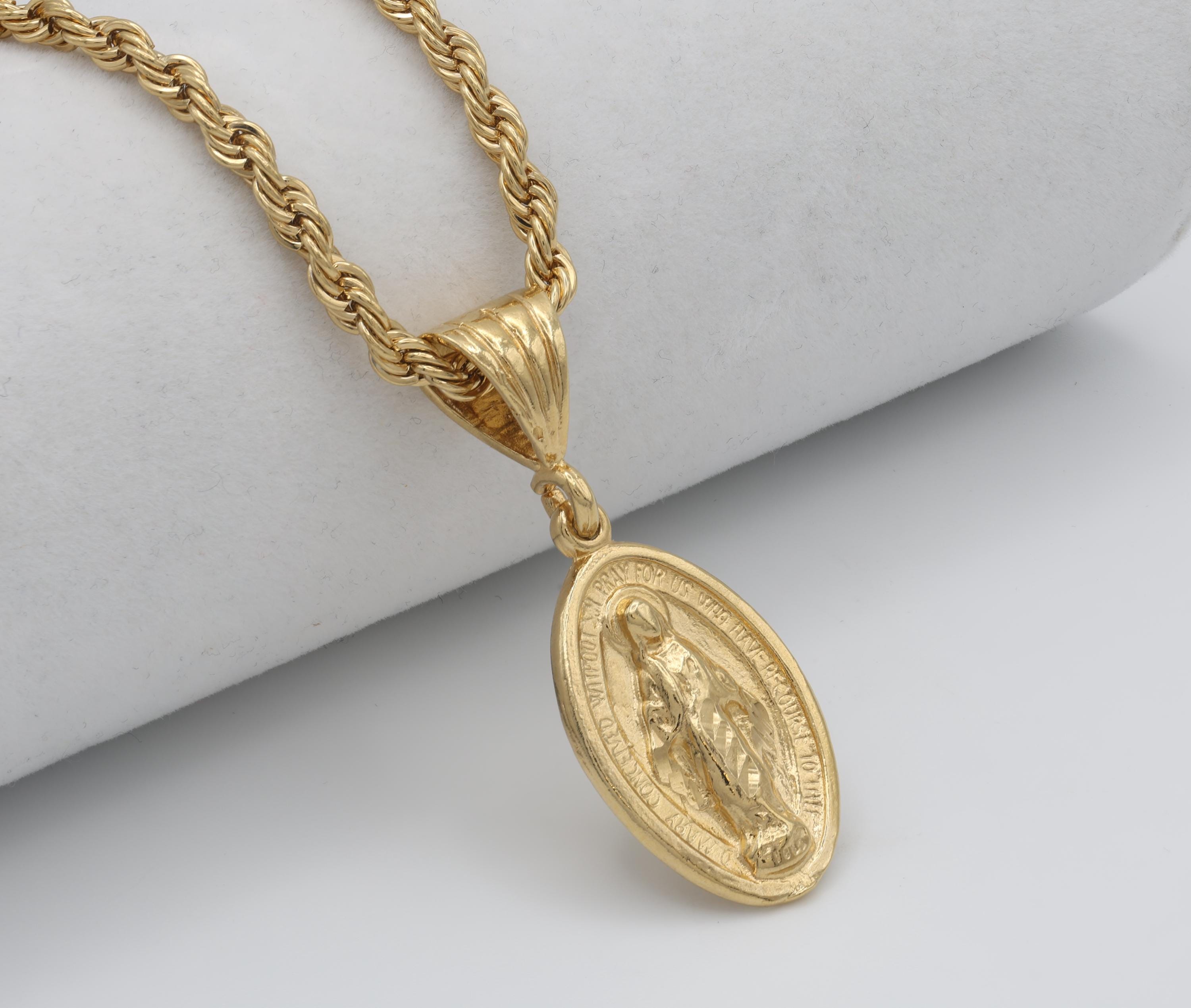Gold Virgin Mary Necklace: 14k Plated Miraculous Medal, 4mm Rope