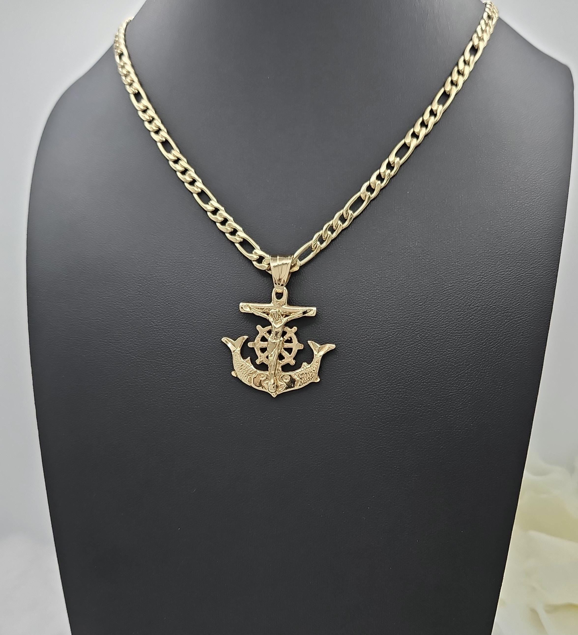 Gold Anchor Crucifix Necklace: 14k Heavy Plated, 5mm Figaro, Hope
