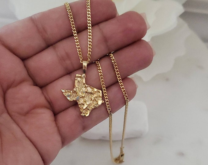 14k Gold Nugget Necklace, Gold Nugget Texas Necklace, 1mm Curb Chain, Gold Nugget Necklace, 14k Heavy Plated Gold, High Quality, Unisex