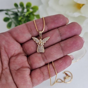 Gold Guardian Angel Necklace: Cubic Zirconia, 14k Gold Plated, 1mm Box Chain