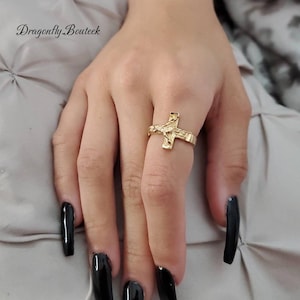 Gold Crucifix Ring, Gold Cross Ring, Crucifix Ring, Gold Cross Ring, Unisex Ring, 14k Heavy Plated Gold, Lifetime Replacement Guarantee