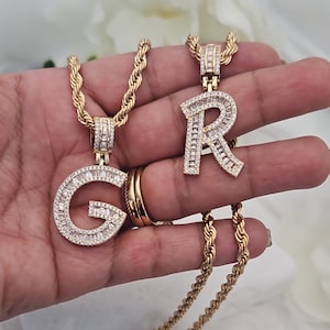 Gold CZ Initial Necklace, 4mm French Rope Chain, 14k Heavy Plated Gold, High Quality Necklace, Lifetime Replacement Guarantee