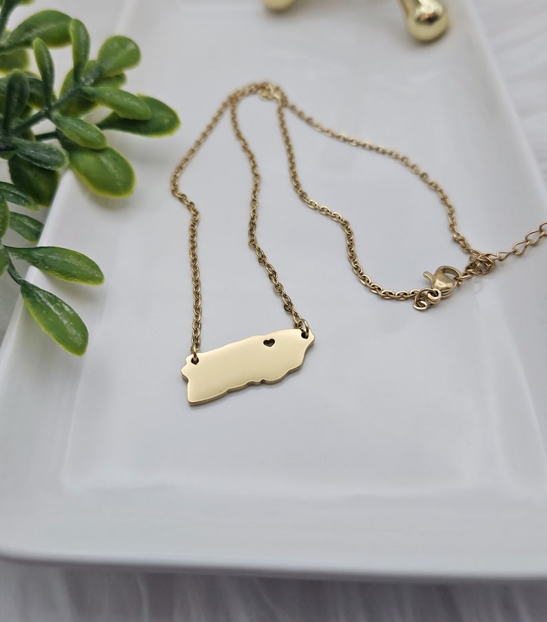 May include: A gold chain necklace with a pendant shaped like the island of Puerto Rico. The pendant has a small heart cut out in the center.