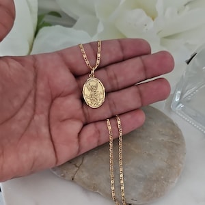 Gold St Michael Necklace, Angel of Protection from Evil, Oval Saint Michael Pendant, 2mm Scroll Chain, 14k Heavy Plated Gold, Gorgeous