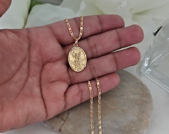 Gold St Michael Necklace, Angel of Protection from Evil, Oval Saint Michael Pendant, 2mm Scroll Chain, 14k Heavy Plated Gold, Gorgeous