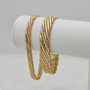 Pulsera de malla diagonal de oro, chapado en oro grueso de 14 k, anchos de 7 mm o 12 mm, garantía de reemplazo de por vida.