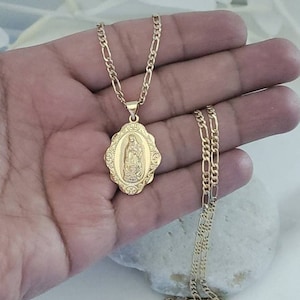 Gold Virgin Mary Necklace, Gold Guadalupe Necklace, 2mm Figaro Chain, 14k Heavy Plated Gold, High Quality, Lifetime Replacement Guarantee