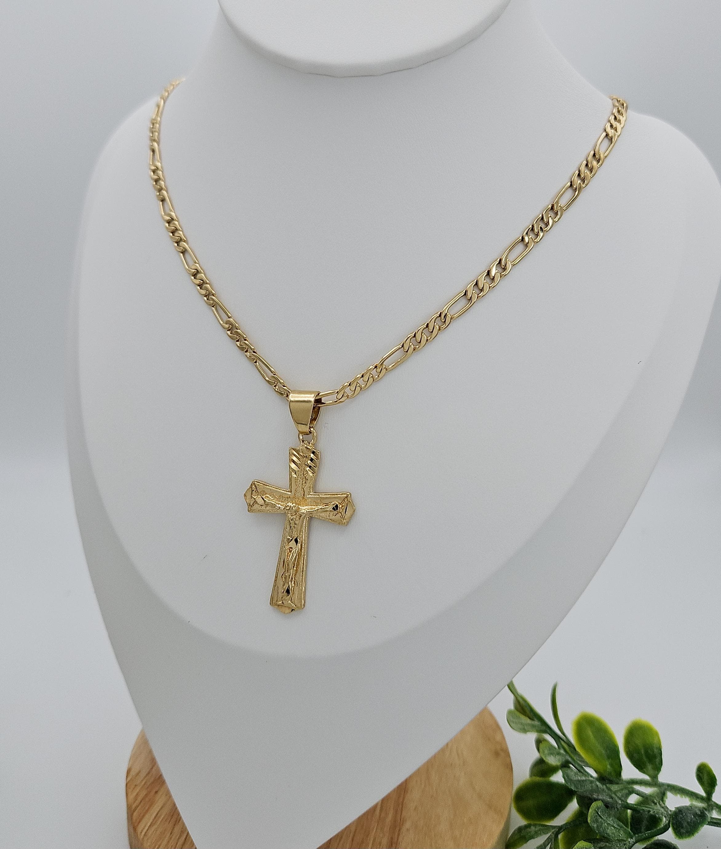 Collana Uomo Donna Con Ciondolo Crocifisso Bicolore Placcato Oro 14k E Catena Figaro 20'' - Foto 5