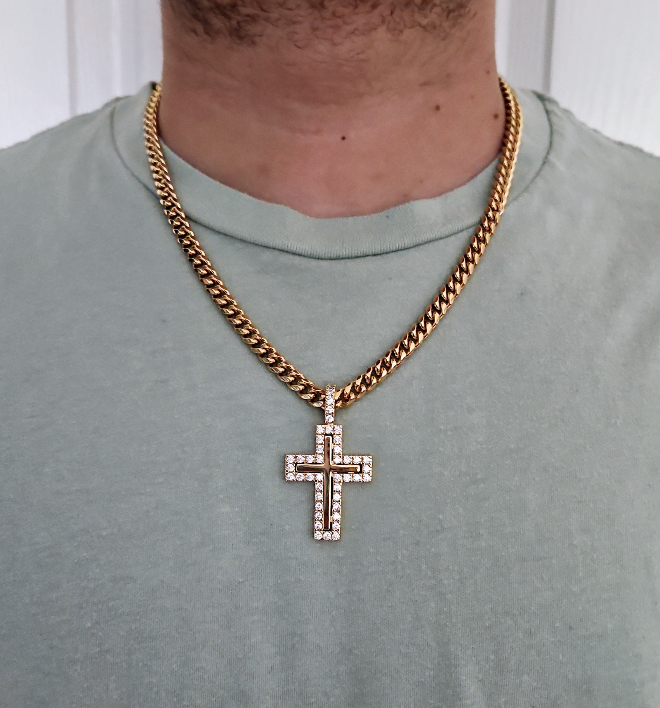 Gold Cross Necklace for Men, Gold CZ Cross Necklace, 14k