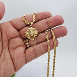 Gold Roaring Lion Necklace, 3mm Rope Chain, 22mm High Pendant, 14k Heavy Plated Gold, Small Diamond Cut Lion Head Necklace, Unisex Necklace