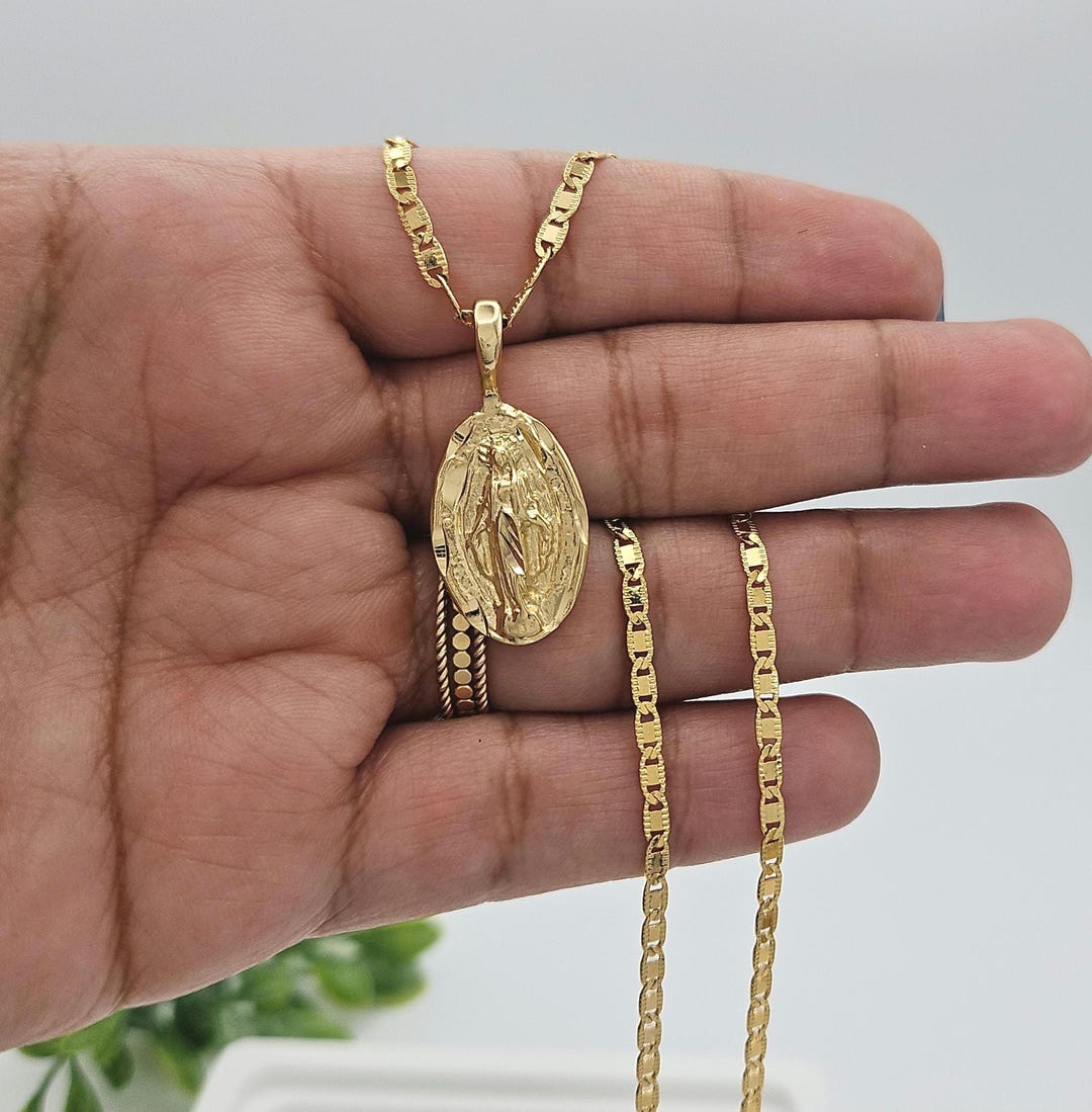 14k Gold Plated Virgin Mary Necklace: Oval Miraculous Medal, 2.5mm ...