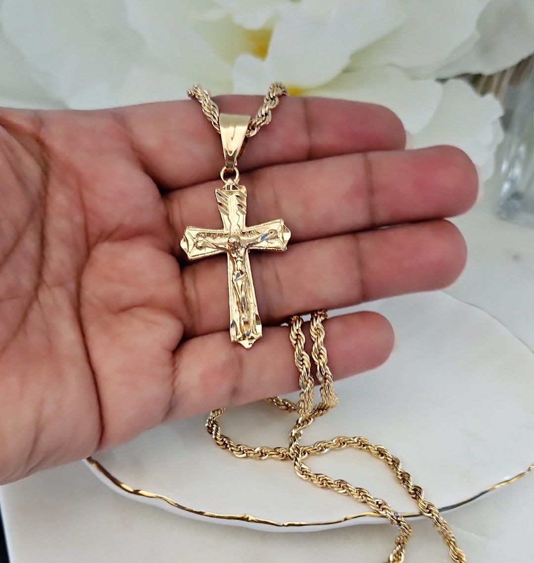 Gold Crucifix Necklace for Men, 3.5mm Rope Chain With Crucifix, Gold Diamond Cut Cross Chain