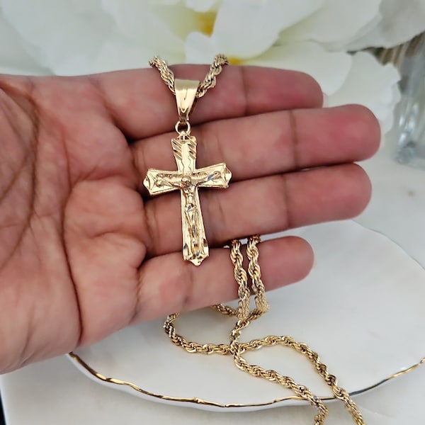 Gold Crucifix Necklace for Men, 3.5mm Rope Chain with Crucifix, Gold Diamond Cut Cross Chain, 14k Heavy Plated Necklace, Cross Necklace Men