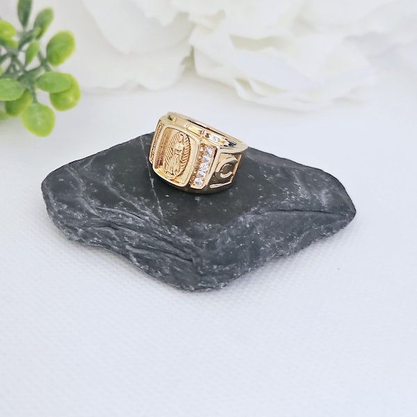 Gold Guadalupe Ring for Men, 14k Heavy Plated Gold Ring, Buena Suerte Ring For Men, Lifetime Replacement Guarantee, Gold Virgin Mary Ring