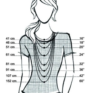 May include: A diagram showing different necklace lengths in inches and centimeters. The necklace lengths are shown on a drawing of a person wearing the necklaces.