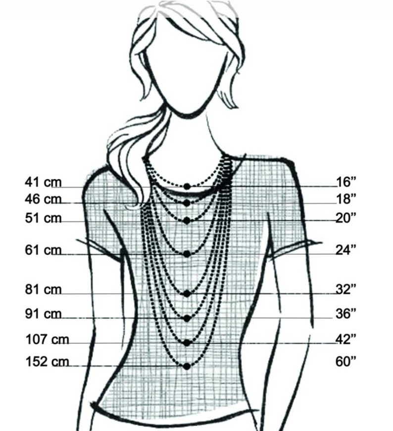 May include: A diagram showing different necklace lengths in inches and centimeters. The necklace lengths are shown on a drawing of a person wearing the necklaces.